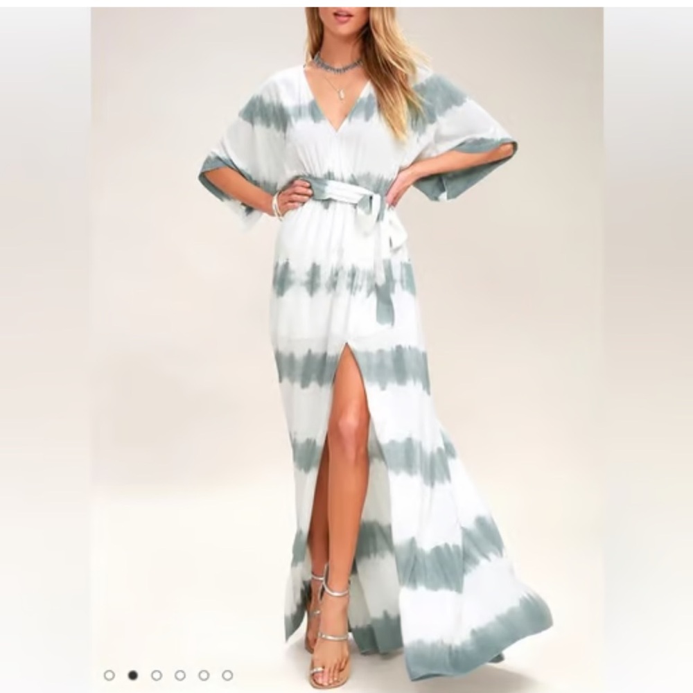 Lulus Tie Dye Wrap Front V-Neck Plunge Concha Dusty Sage Grey Maxi. Size XS